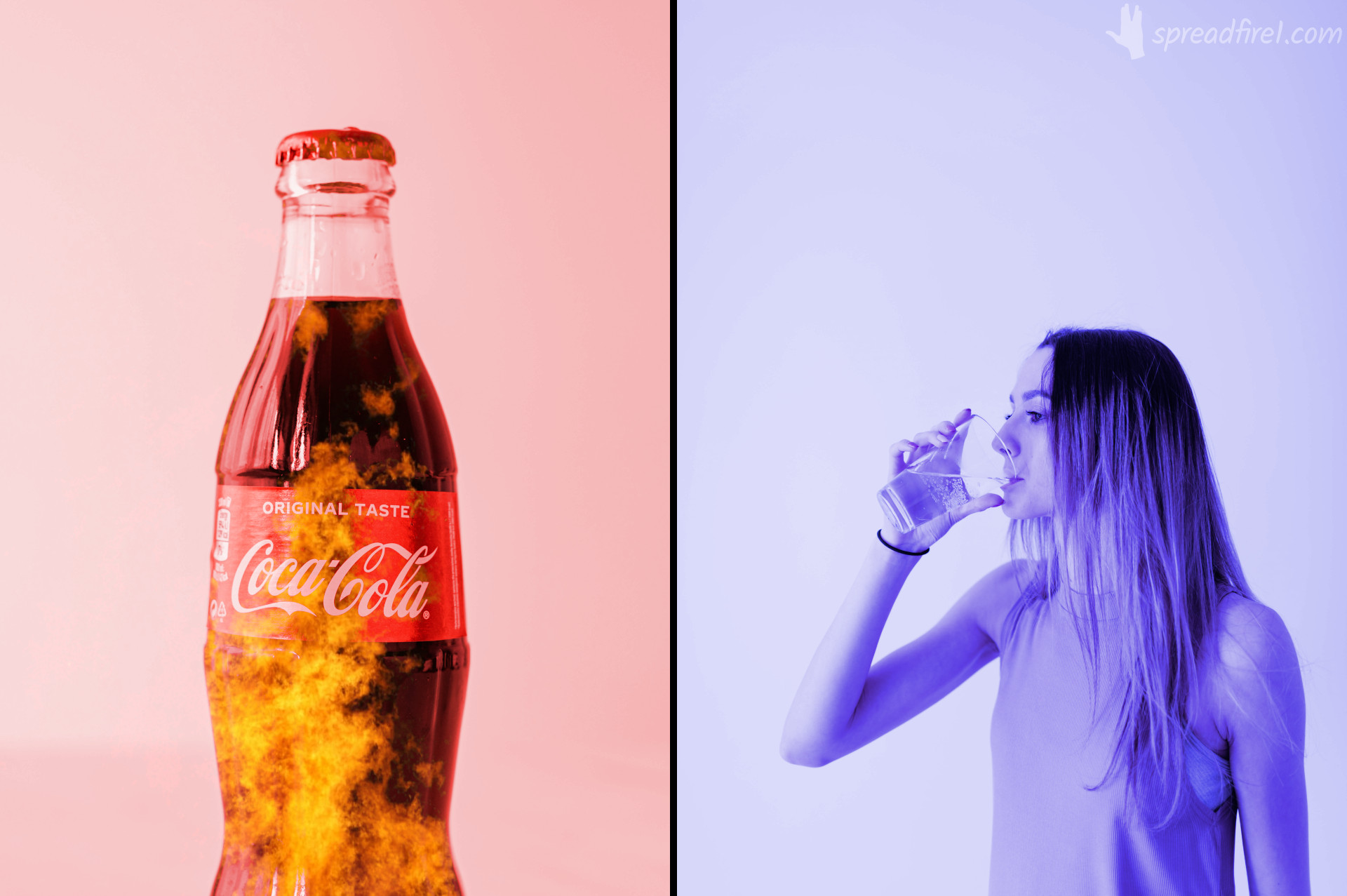 coke vs water.
bad vices vs healthy habits.
red burning coca cola bottle vs blue woman drinking water glass.
spreadfire1.com