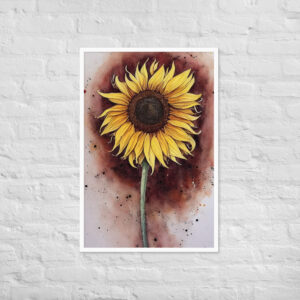 sunflower red splatters - tusche drawing, aquarelle painting, watercolor art - framed matte paper poster